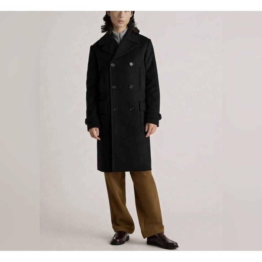 Quince Mens L NWOT Italian Wool Double-Breasted Officer Topcoat Black Quiet Lux